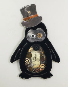 Steampunk Penguin Silver Hat ($125) 10" x 6"  SOLD ORDER A CUSTOM ONE