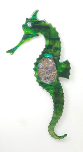 Steampunk Seahorse green left facing ($125) 4" x 15"